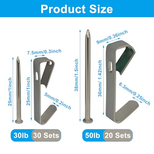 Image of Hordion 100pcs Picture Hanging Kit - 30lb, and 50lb Picture Hooks Metal Picture Hangers with Nails for Drywall Wooden Wall(Silver)