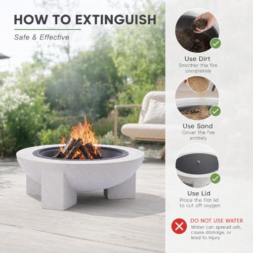 Image of Round Wood Burning fire Pit Outdoor Fireplace for Patio-29.5 inch Gray | MGO Cement Material,BBQ Firepit,Family S'mores Fun,Compact Firepit,Small Spaces,for Garden Backyard ,Outdoor Gatherings