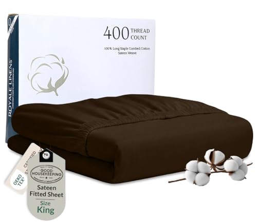 Image of Royale Linens 400 Thread Count King Fitted Sheet Only - 100% Cotton Fitted Sheet King - Luxury Sateen Weave - All Around Elastic Deep Pocket - Durable Bottom Sheets - Fit Up to 16 inch (Egyptian Camel)