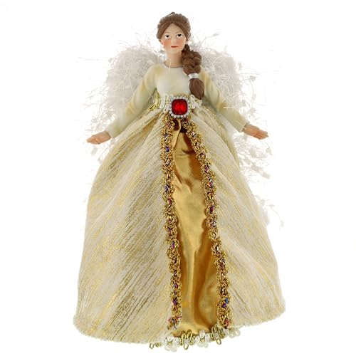 Festive Productions Christmas Tree Topper – 20 cm Gold Angel with White Fluffy Wings – Elegant Traditional Angel Tree Decoration