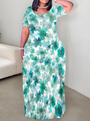 Image of PinkPatty Plus Size Dress for Women Casual Crew Neck Short Sleeve Maxi Dress Oversized Summer Beach Dresses with Pockets