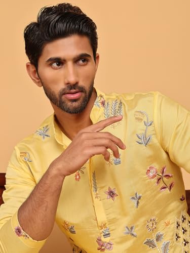 Image of Jompers Floral Embroidered and Sequins Kurtas (Yellow, 4XL)