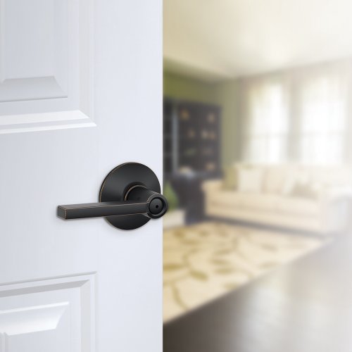 Image of SCHLAGE Latitude Bed /Bath Privacy Door Handle with Lock, Aged Bronze | Interior bedroom or bathroom door lever with push button lock, Reversible, Easy install, Certified durability, Universal fit