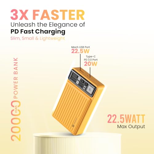 Portronics Luxcell Mini 20K Advanced 20000 mAh Nano Power Bank with 22.5W Max Output, LED Indicator, Mach USB-A Output, Type C PD Output, Type C Input, Wake Up Button(Yellow) view 2