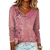 Women 2026 Fashion Print Tops Shirts Long Sleeve Casual Loose Fit Pullover T Shirts Lightweight Cowl Neck Blouse（1-Pink,Large）