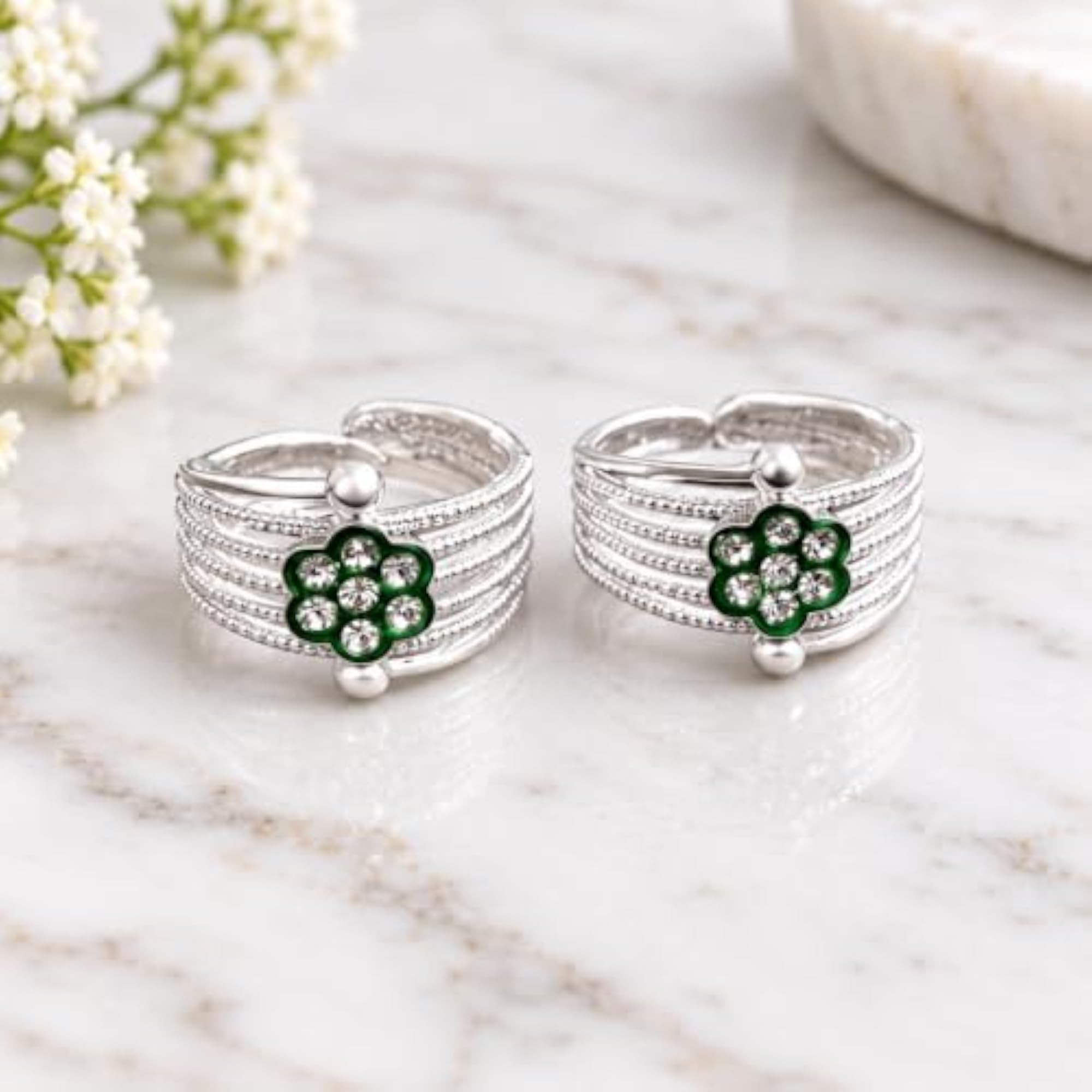 Green Floral Silver-Tone Open Cuff Toe Ring Set for Women and Girls