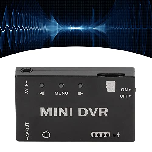 Mini DVR FPV z nagrywaniem wideo i dźwięku, przełączanie NTSC/PAL, wbudowany akumulator, obudowa z aluminium, obsługa kart do 32 GB, wymiary: 53 × 33 × 9 mm.