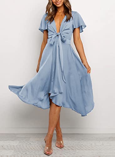Image of miduo Womens Satin V Neck Ruffle Short Sleeve Tie Front High Waist Midi A-Line Maxi Dresses