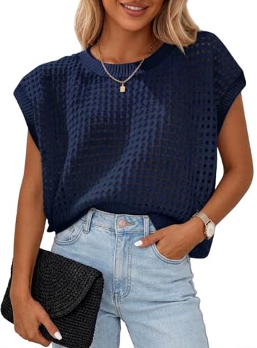 Chicrise Top Damen Fledermausärmel Mesh Strick Pullunder Oversize Sommer Hawaii Tshirt Basic Mode Blau 2X-Groß 50-54 2XL