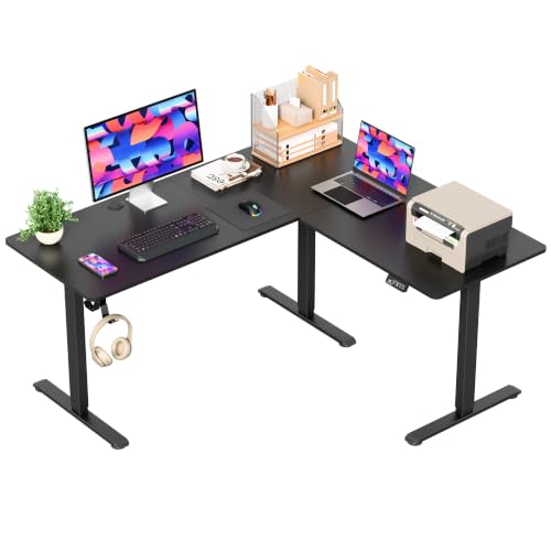 Image of Furmax 63 x 55 Inch L Shaped Standing Desk with 2 Preset Heights, Electric Height Adjustable Computer Table, 2 Hooks & Feet Balance, Corner Sit Stand Desk for Home Office (Black, 63 x 55 Inch)