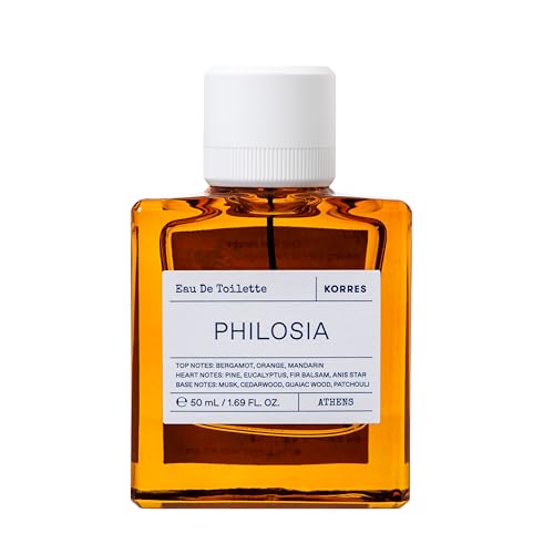 Image of KORRES Philosia Eau de Toilette Spray, Bergamot Orange Mandarin Top, Pine Eucalyptus Fir Balsam Heart, Musk Cedarwood Guaiac Wood Patchouli Base, Woody Aromatic Fruity Scent, Unisex, Vegan, 1.69 Fl Oz