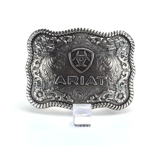 ARIAT Unisex Antique Silver Rectangle Logo Belt Buckle with Twisted Rope Edge - 3.75" x 2.75" - Thumbnail 2