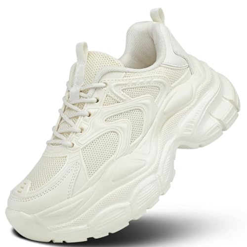 Kvovzo Womems Walking Shoes Running Tennis Fashion Chunky Sneakers Athletic Gym Workout Comfortable Breathable Lightweight Beige
