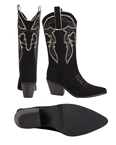 Image of Reitoye Cowboy Boots Women Knee High Cowgirl Embroidered Chunky Heel Boots | Block Chunky Heel,Pointed Toe,Half Side Zipper & Pull Tab,Embroidered Tall Boots,Fall Summer Spring Winter Dress Long Boots