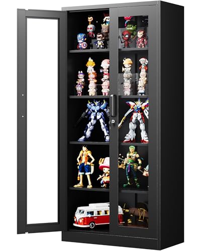 PEUKC Display Cabinet with Glass Doors, 71 Inches Metal Display Case with 4 Adjustable Shelves, Curio Storage Cabinet with Lock for Home, Office, Book, Pantry, Assemble Required (Black)