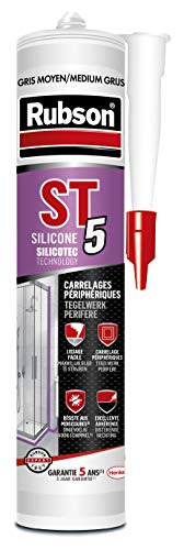 RUBSON ST5 , Mastic sanitaire spécial carrelages périphériques, Joint silicone à base aqueuse sans odeur, anti-moisissures, Coloris gris moyen, cartouche 300ml