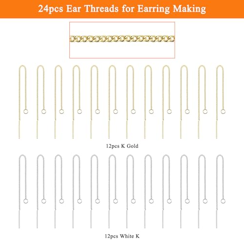 24pcs Threader Chain Earrings Dangle Hypoallergenic Ear Threads Long Chain Earrings with Loop Drop Earring Threader Findings for Earring Making DIY Jewelry Craft(K Gold,White K) - Thumbnail 2