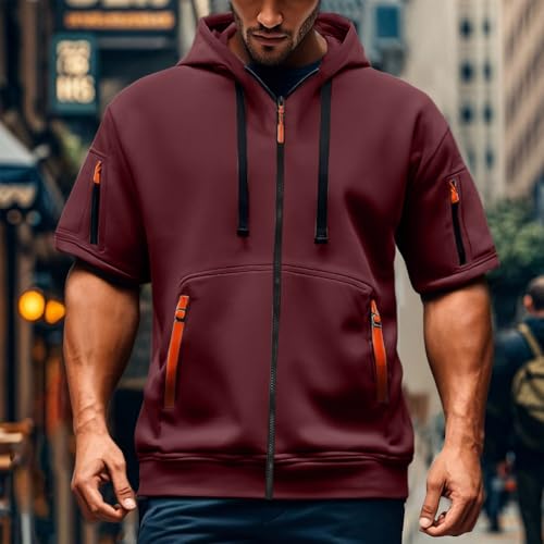 Short Sleeve Hoodies for Men with Hood Drawstrings Zip Up Chest Sleeve Pockets Summer Hoodies for Men2