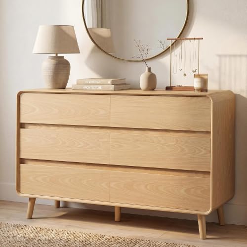 Image of Nasonet 6 Drawer Dresser for Bedroom, 47'' Wide Mid Century Modern Dressers & Chests of Drawers, Wood Storage Drawer Dressers for Hallway, Home Office, Oak
