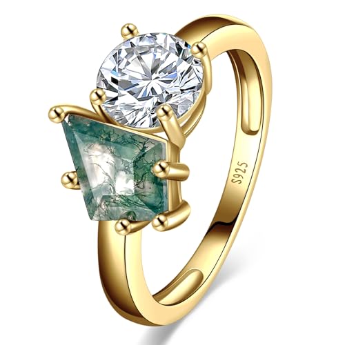 Natural Moss Agate Ring Toi Et Moi Ring Promise Ring for her - 925 Sterling Silver Double Stone Ring Kite Cut Moss Agate Engagement Ring for Women Best Gift Wedding Band Size 5-9