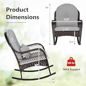 Tangkula Outdoor Wicker Rocking Chair Patio Rattan Rocker with Seat Back Cushions Waist Pillow Sturdy Metal Frame Mix Brown Outdoor Rocker for Balcony Porch Backyard