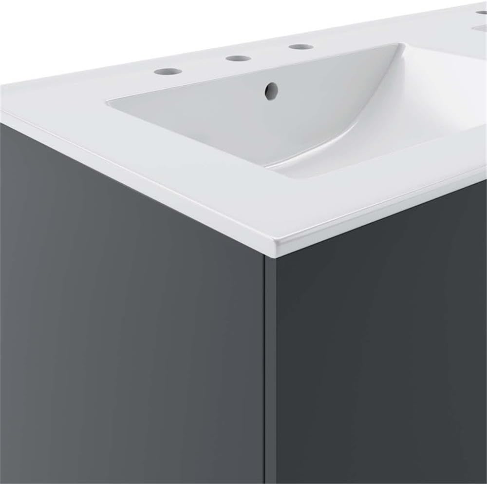 Pemberly Row Modern Wood/Ceramic Double Sink Bathroom Vanity, 47 in Gray Finish, Wall-Mount Design with Soft-Close Doors, 8 in Centerset Holes, Integrated Countertop for Bathroom Storage and