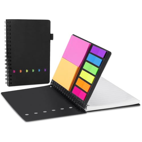 AGPTEK Carnet à Spirale avec Notes Colorées, Bloc Note Carnet de Poche avec Couverture Kraft, Cahier Spirale avec Porte-Stylo (Stylo Non inclus) et Notes Autocollantes pour Étude et Bureau-Noir