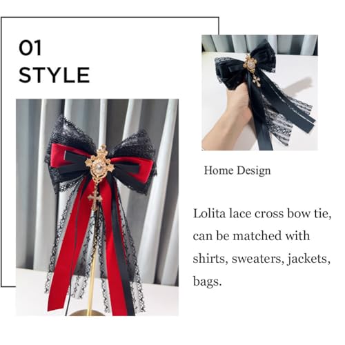 Image of Lace Ribbon Bow Tie Brooch Rhinestone Pearl Necktie for Girl Women Fashion jabot collar brooch pins Pre-Tied Corsage