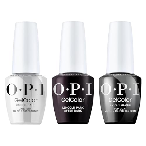 OPI GelColor Iconic Gel Nail Polish + System Bundle | Super Base Coat + Lincoln Park After Dark, Opaque Dark Purple Crème UV Cure Gel Polish + Super Gloss Top Coat