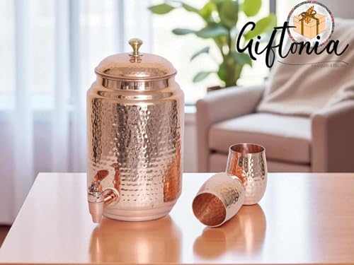 Image of 5 Litre Pure Copper Jointless Hammered Water Dispenser with 2 Loki Copper Glasses | Ayurvedic Matka /Container Pot for Drinking Water (5000 ml) +(600 ml)