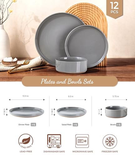 Image of AmorArc Ceramic Dinnerware Set for 4 | Speckled Stoneware Plates and Bowls with unglazed terracotta | Scratch Resistant, Dishwasher & Microwave Safe Dishes Sets- 12-Pcs Gray