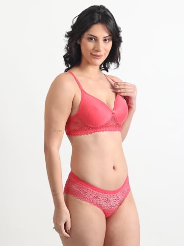 Image of SGC SWEDEN Women's Lingerie Set | Lace Fabric Lightly Padded Non Wire Push-Up Bridal Bra Panty Lingerie Set