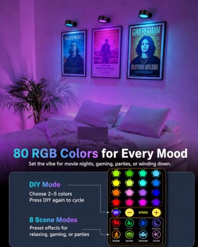 Image of Wall Mounted Lights, Rechargeable RGB Color Changing Light, 3 Color Temps & Remote and Touch, 360Rotation Dimmable Cordless for Study Bedroom Reading Bedside (Black)