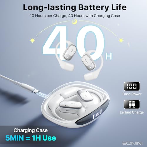 Image of Eonini Open-Ear Earbuds with Earhooks, LED Display Case, Lightweight & Secure Fit, All-Day Comfort, Stay-Aware Design, Clear Calls, 40H Playtime, IPX5 Waterproof Bluetooth 5.3 for Running, Gym