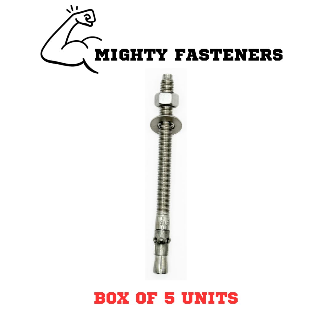 MIGHTY FASTENERS Ancoraggio a cuneo in acciaio inossidabile 316, 3/8-16 x 5, resistente alla corrosione, per applicazioni in calcestruzzo e muratura, confezione da 5