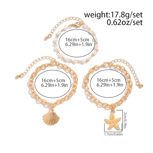 Boho Gold Starfish Sea Shell Pearl Bracelets for Women Trendy, Statement SeaShell Star Beachy Chain Bracelet Beach Ocean Party Holiday Jewelry Gifts2