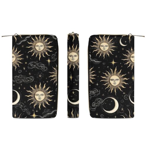 Women's Cute Decor Wallet, Long PU Zipper Wallet, Travel Purse Fashion Design, Huge Storage Capacity Purse Mystical Magical Cosmic Astrology Sun Crescent Moon Stars Gold Black Art3
