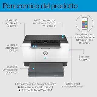 HP LaserJet M207dw 8J9K9F, Stampante a Singola Funzione A4, Stampa Fronte e Retro Automatica in Bianco e Nero, 27 ppm, USB, Wi-Fi, Ethernet, Smart, Pannello di controllo con pulsanti LED, Grigia
