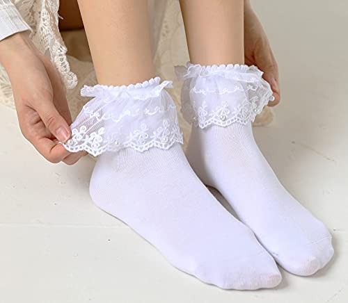 SRYL Women Ruffle Pearls Ankle Socks - Cute Cotton Lace Frilly Socks for Ladies & Girls2
