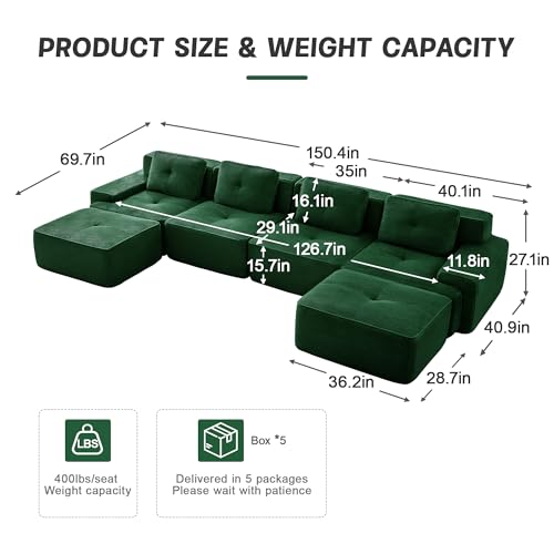 Image of 153 inch U-Shaped 4-Seater Modular Boneless Couch with 2 Ottomans, Premium Corduroy Upholstery, Deep Seat Cloud sectional Sofa, No Assembly Anti-Slip Design, Green