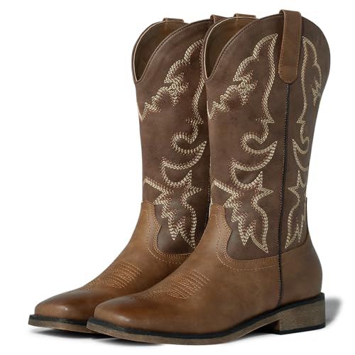 J's.o.l.e Women's Square Toe Western Cowgirl Cowboy Boots Fashion Embroidered Mid Calf Brown