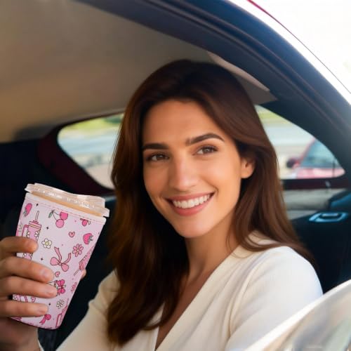 Image of Reusable Insulated Sleeve for Iced Coffee Cup, Coffee Neoprene Sleeve for Cold & Hot Drinks, Beverage Holder for Iced Coffee (Pink Ribbons, Large: 32oz)
