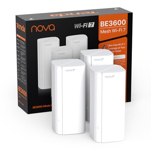 Tenda Nova ME3 Pro Wi-Fi 7 Mesh System (BE3600 Dualband 2882Mbit/s 5GHz, 688Mbit/s 2,4GHz) 3X Gigabit-Ports pro Einheit, VPN, NFC, 4K-QAM, WPA3, empfohlen für Häuser mit 3-4 Schlafzimmern, 3er-Pack