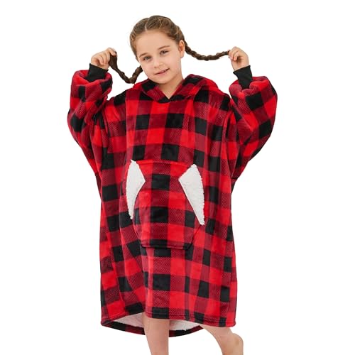 Ramees Wearable Blanket Hoodie for Kids, Sherpa Oversized Sweatshirt Blanket Flannel with Hood Pocket and Sleeves (Red Plaid)