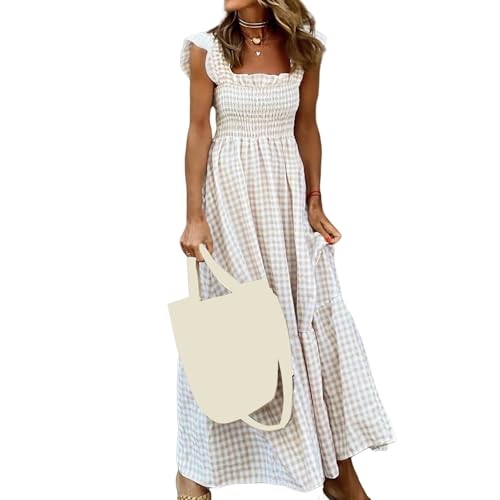 Flowy Dresses for Women Spring Summer Casual Plaid Dresses Smocked Spaghetti Strap Long Dress Vacation Maxi Dress