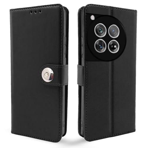 Image of Pikkme OnePlus 12 5G Flip Cover Leather Finish | Inside TPU with Card Pockets | Wallet Stand and Shock Proof | Complete Protection Button Flip Case (Black)