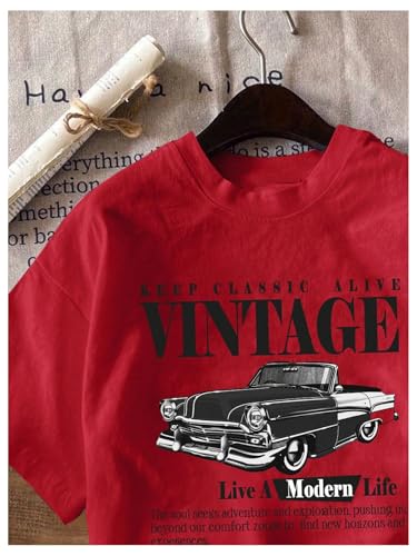 Image of RoseSeek Women's Graphic Letter Tee Crew Neck Drop Shoulder Trendy Summer T Shirt Short Sleeve Vintage Car Print Top