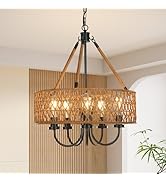 Tribesigns Farmhouse Chandeliers for Dining Room, 5-Light Rattan Boho Chandeliers, Hand-Woven Pen...