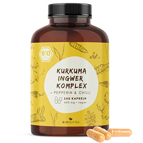 ® Kurkuma Ingwer Kapseln Bio Komplex (240 x 650 mg), verstärkt mit Bio Chili und Pfeffer, hochdosiert, Großpackung, deutsche Herstellung,