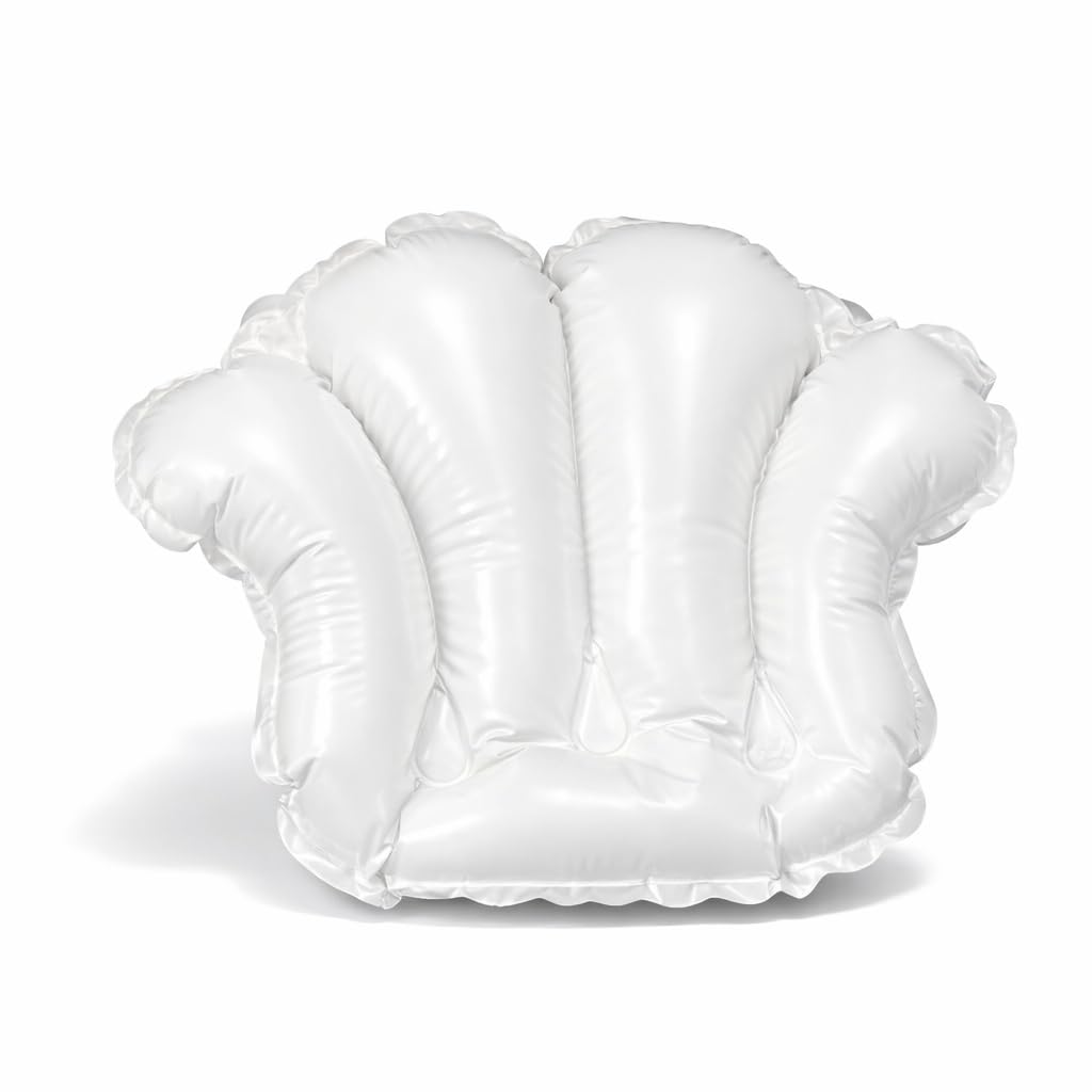 Custari White Inflatable Vinyl Spa Bath Pillow With Suction Cups – Shell Shaped Bathtub Neck & Head Support, (15.5” X 23”)